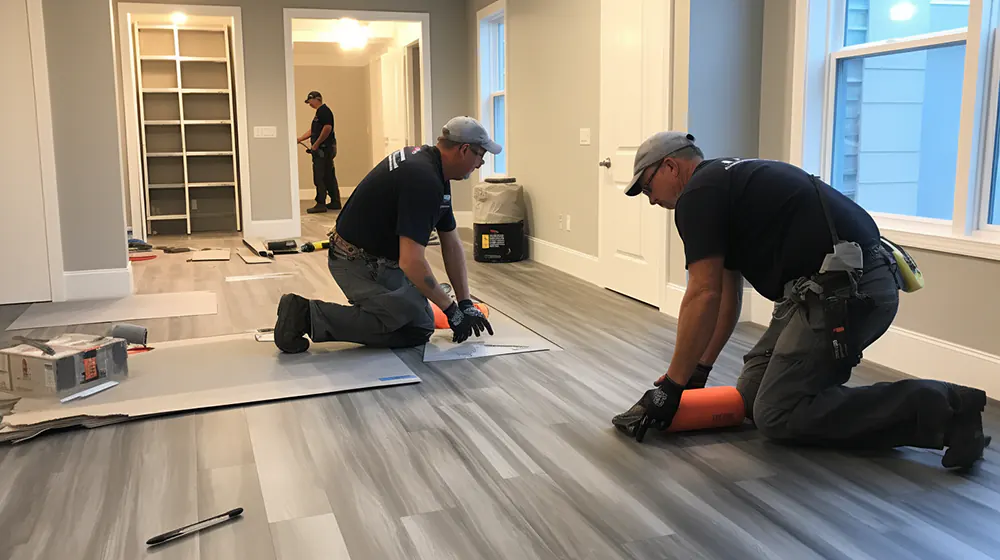 Two men installing luxury vinyl plank flooring
