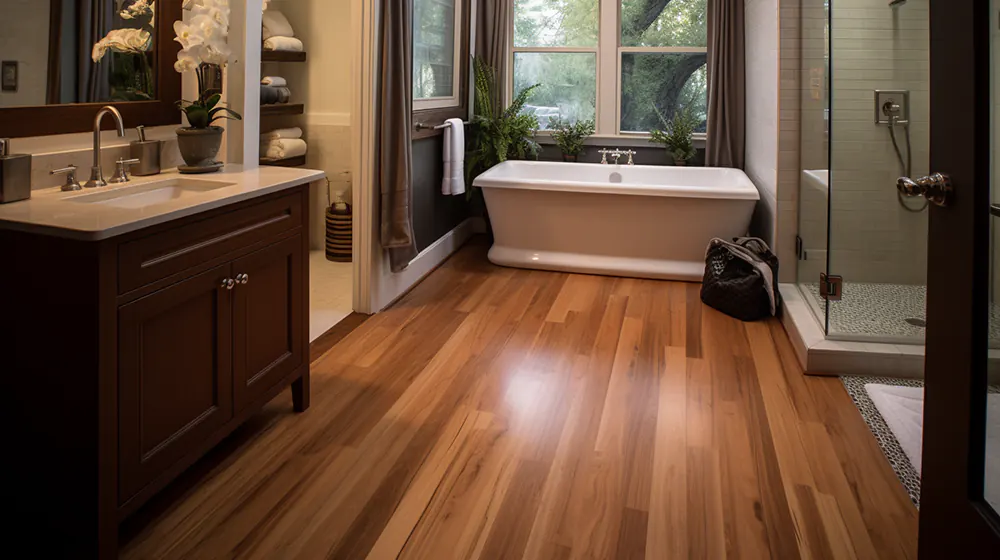 A bathroom with wooden floors