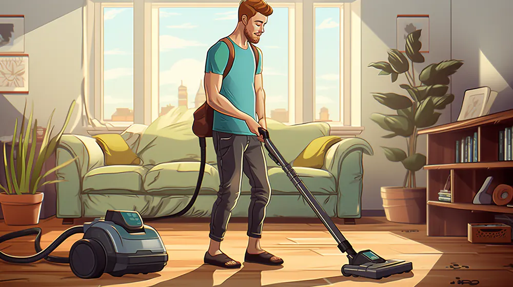 A man using his vaccum in his living room
