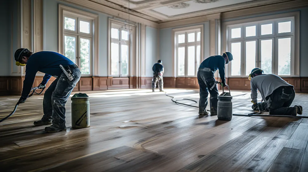 A team refinishing hardwood floor
