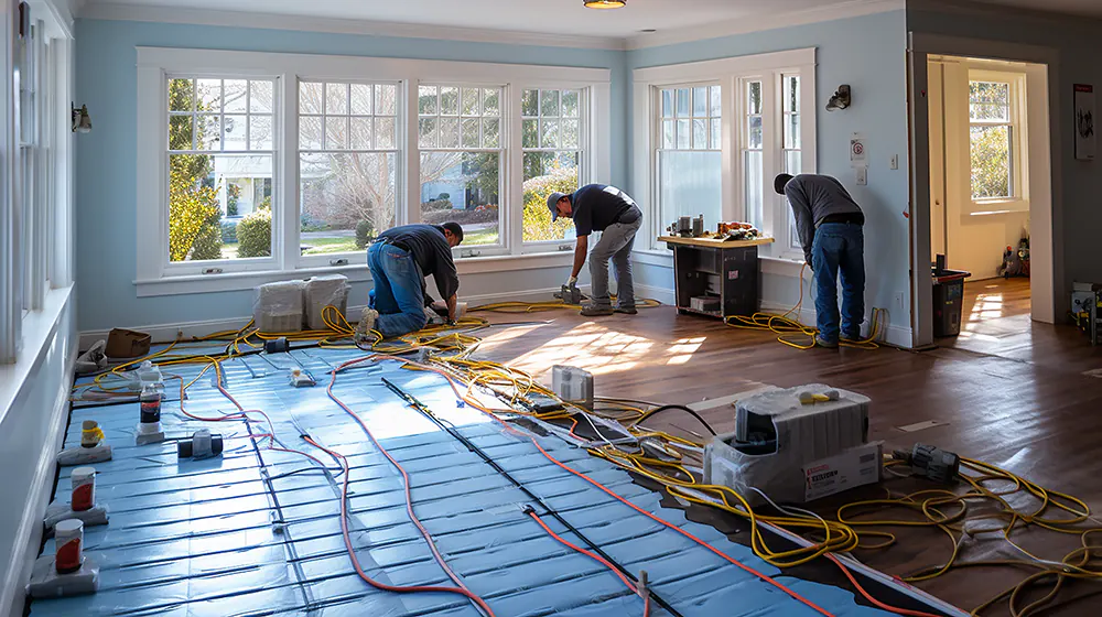 A team installing a heated tile floor