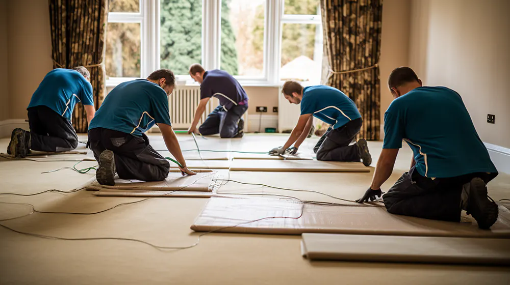 A team installing carpet flooring