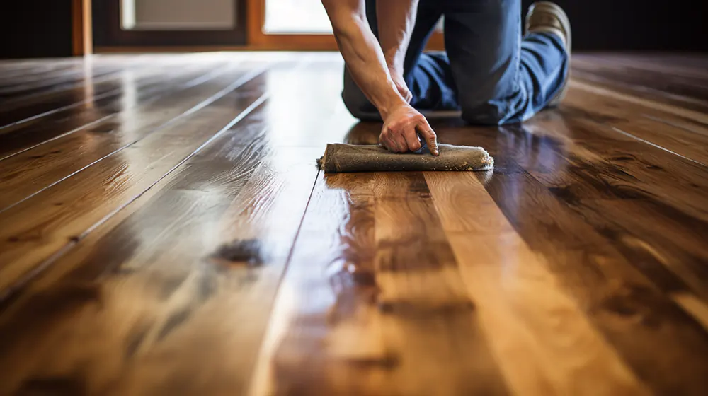 A man refinishing hardwood floors