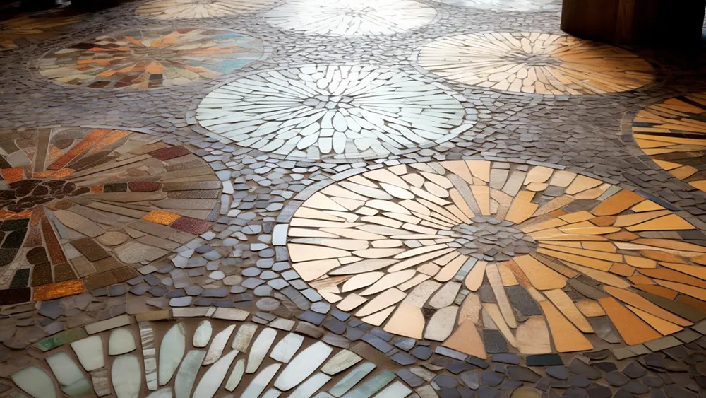 A floor with a mixed media pattern