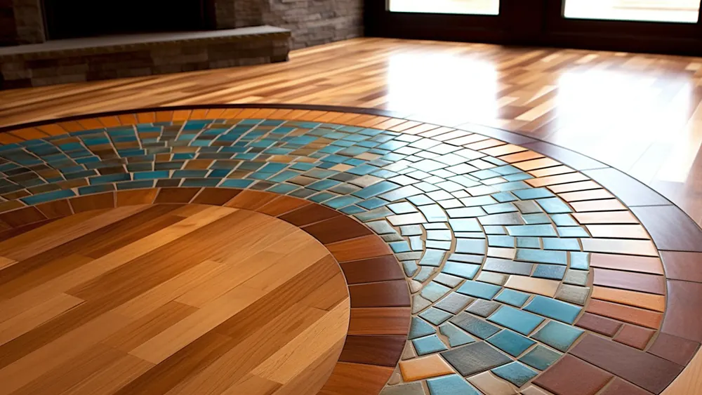 A floor with a patchwork pattern