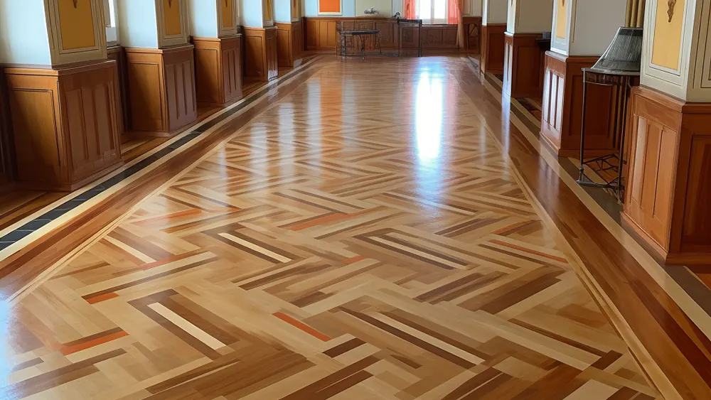 A floor with a strips and borders pattern