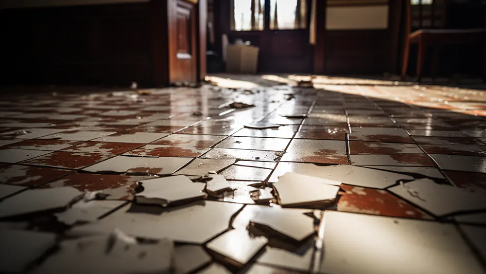 A floor of broken and removed tile