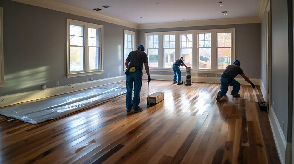 A team installing hardwood flooring
