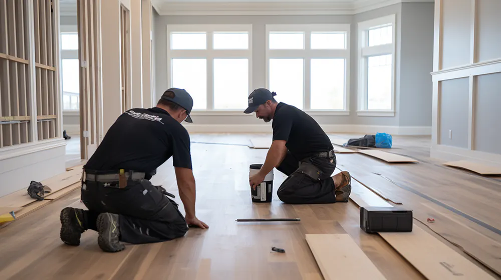 A team fixing hardwood flooring