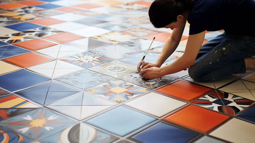 A person installing tile stickers