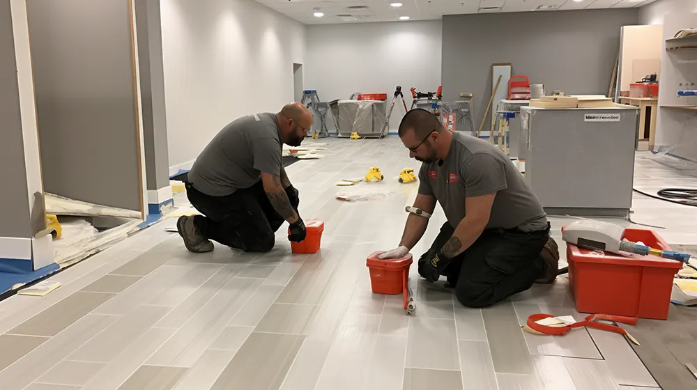 A team installing vinyl tile flooring