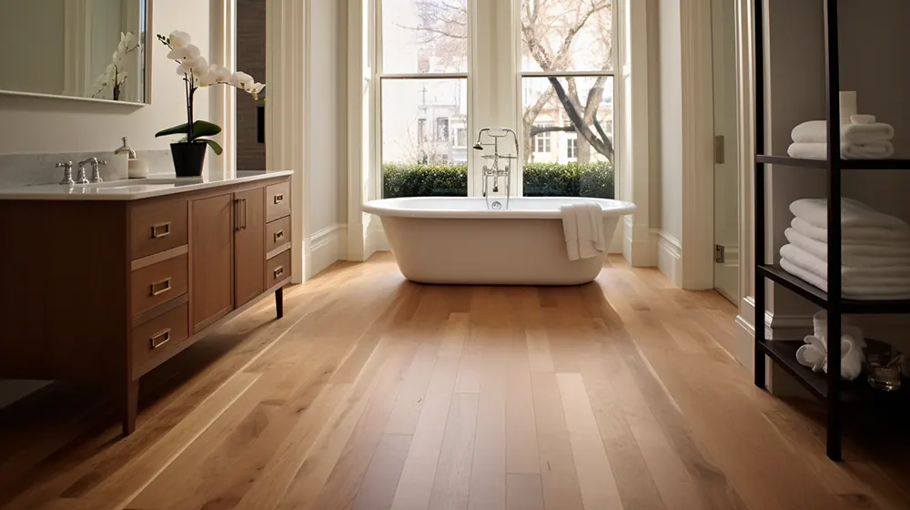 A bathroom with a wooden floor