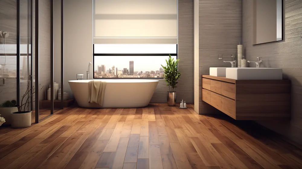 A bathroom with a wooden floor