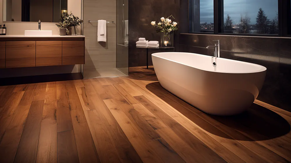 A bathroom with wooden floors